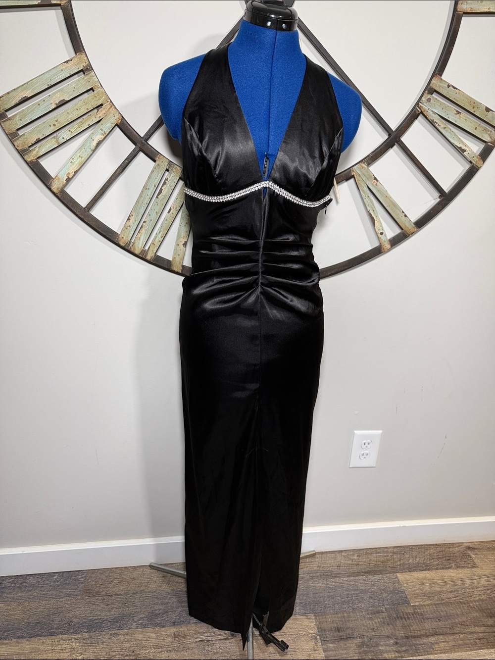 B. Darlin Black Halter Evening Gown with Rhinestone Trim
